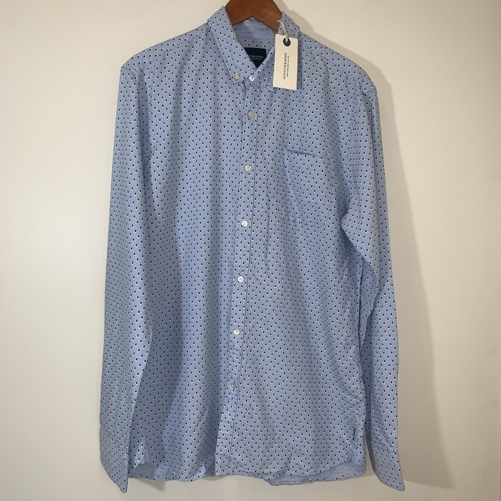 Scotch & Soda Shirt Mens XL Blue Blauw‎ Hotel Slim All Over Print Embroidered